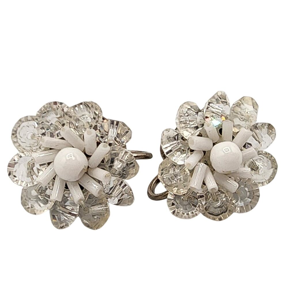 Vintage Crystal Milk Glass Earrings 1940s Screw Back Faceted Bridal Flowers